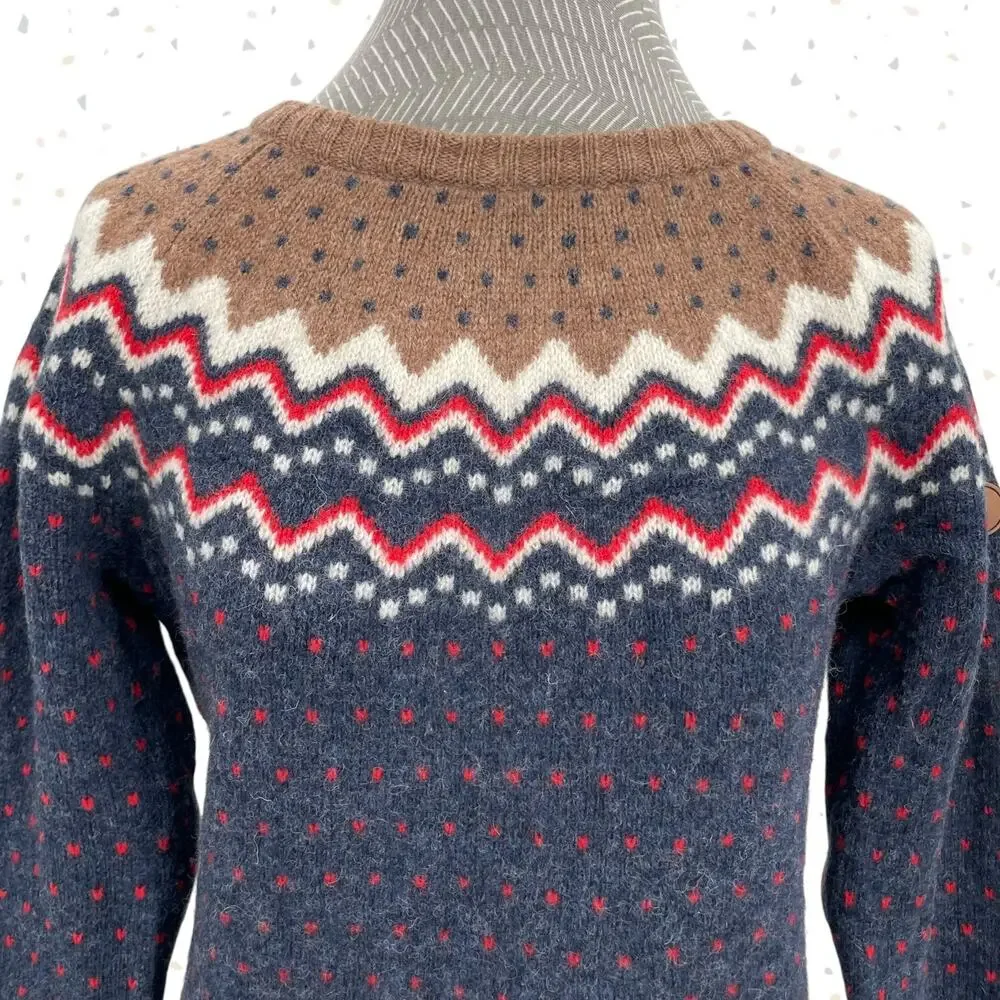 Fjallraven Ovik Knit Sweater Navy Blue Tan Wool Nordic Winter Pullover Size S